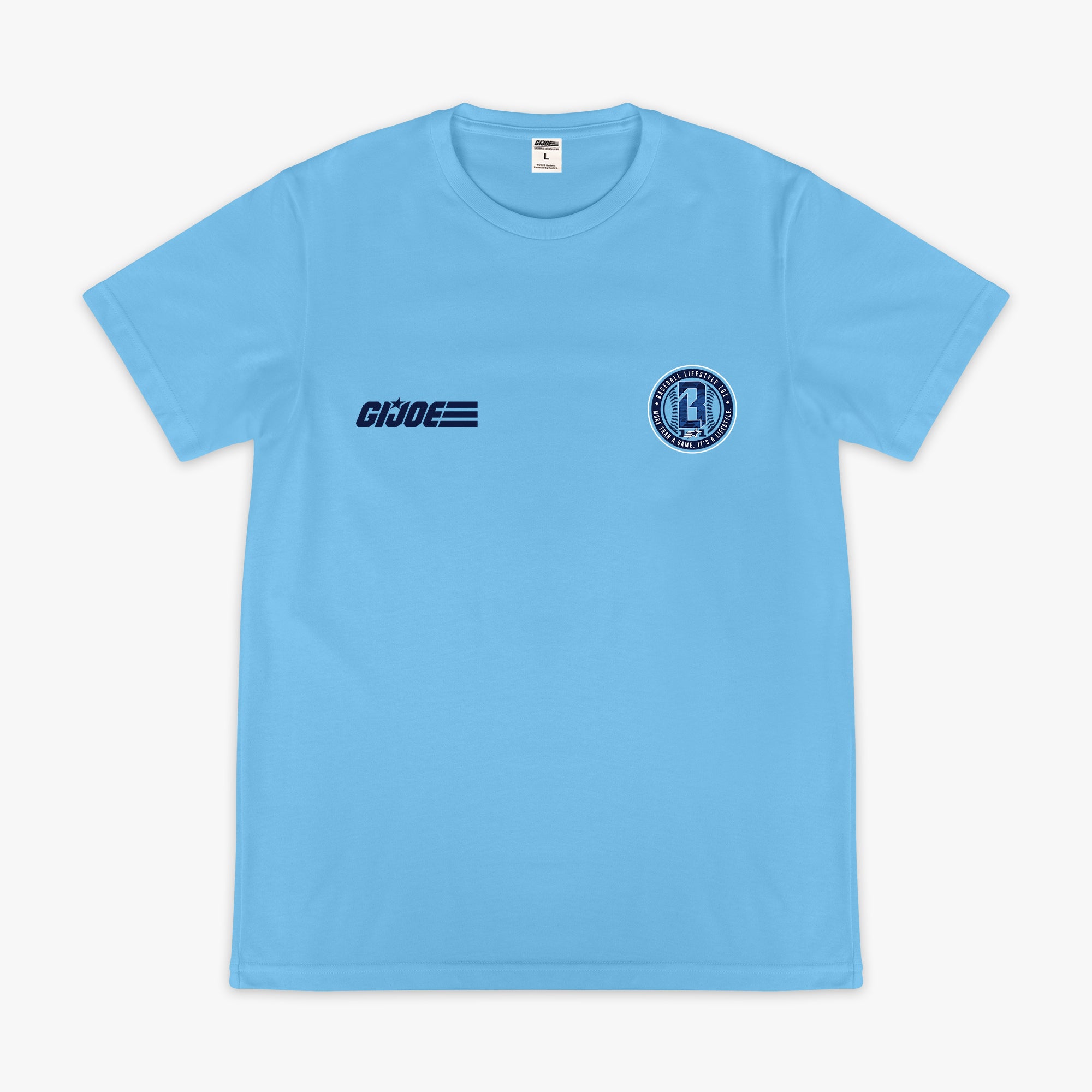 Light blue short sleeve tee with GI Joe logo on left chest and circular Baseball Lifestyle 101 badge on right chest on white background