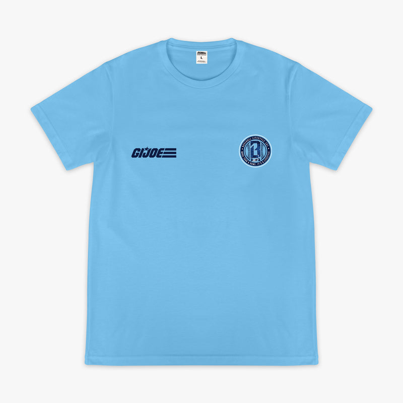 Light blue short sleeve tee with GI Joe logo on left chest and circular Baseball Lifestyle 101 badge on right chest on white background