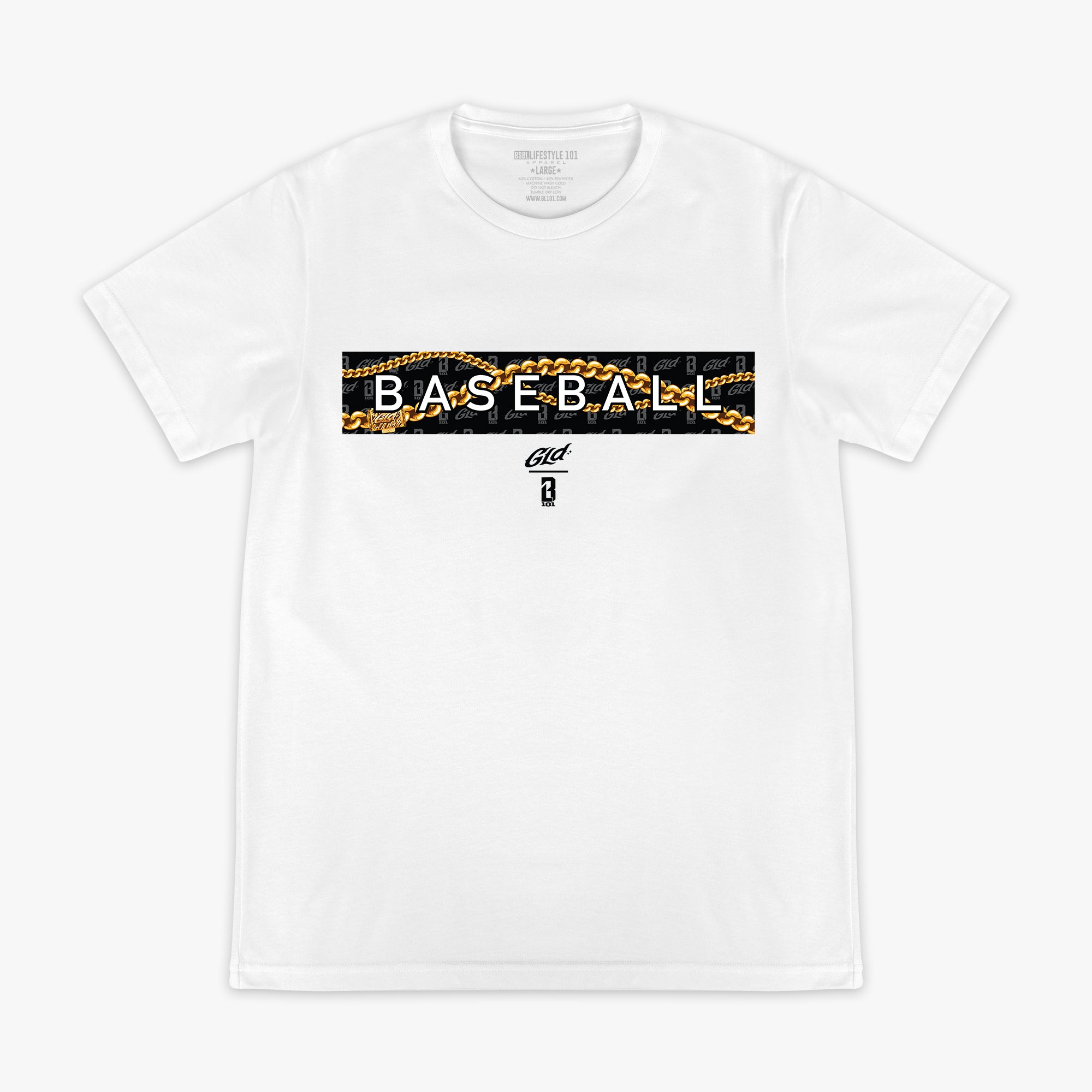 White GLD X Radar graphic tee — front view