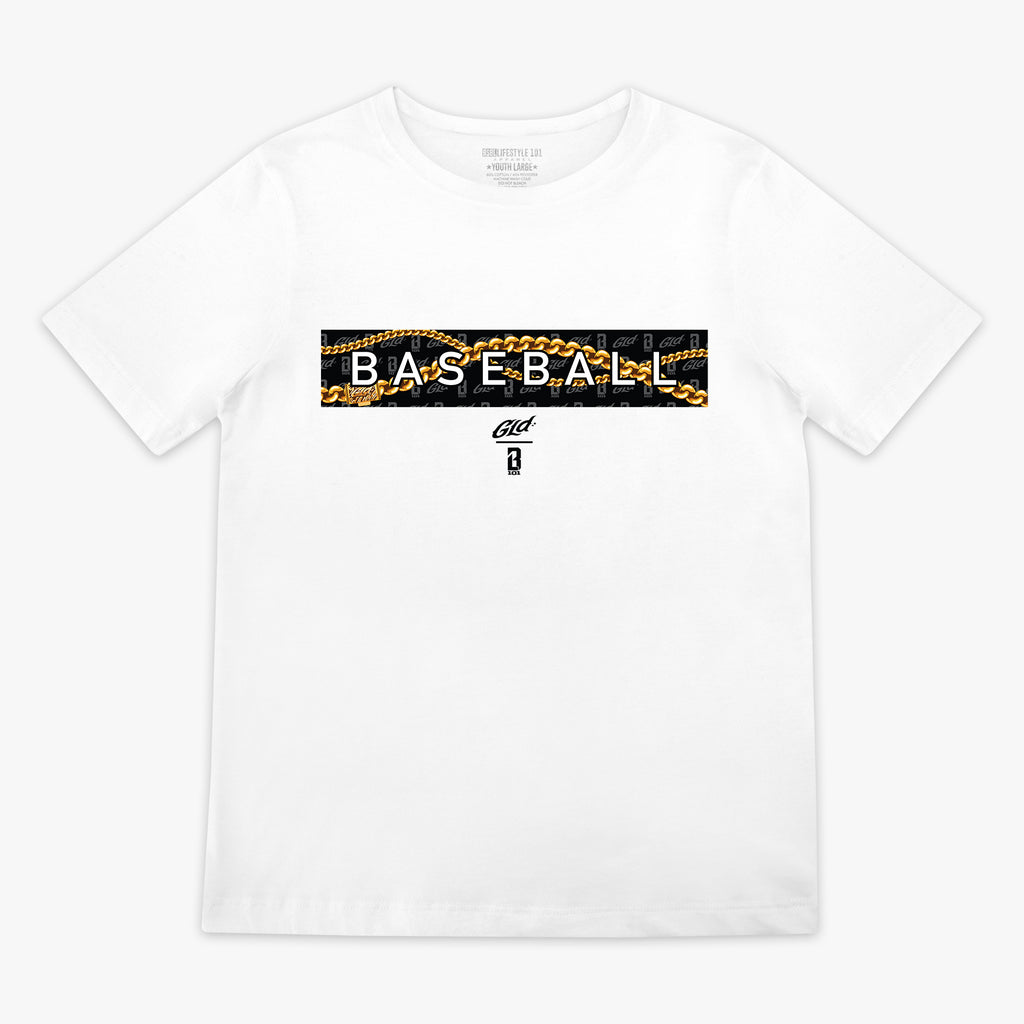 White GLD X Radar youth graphic tee — front view