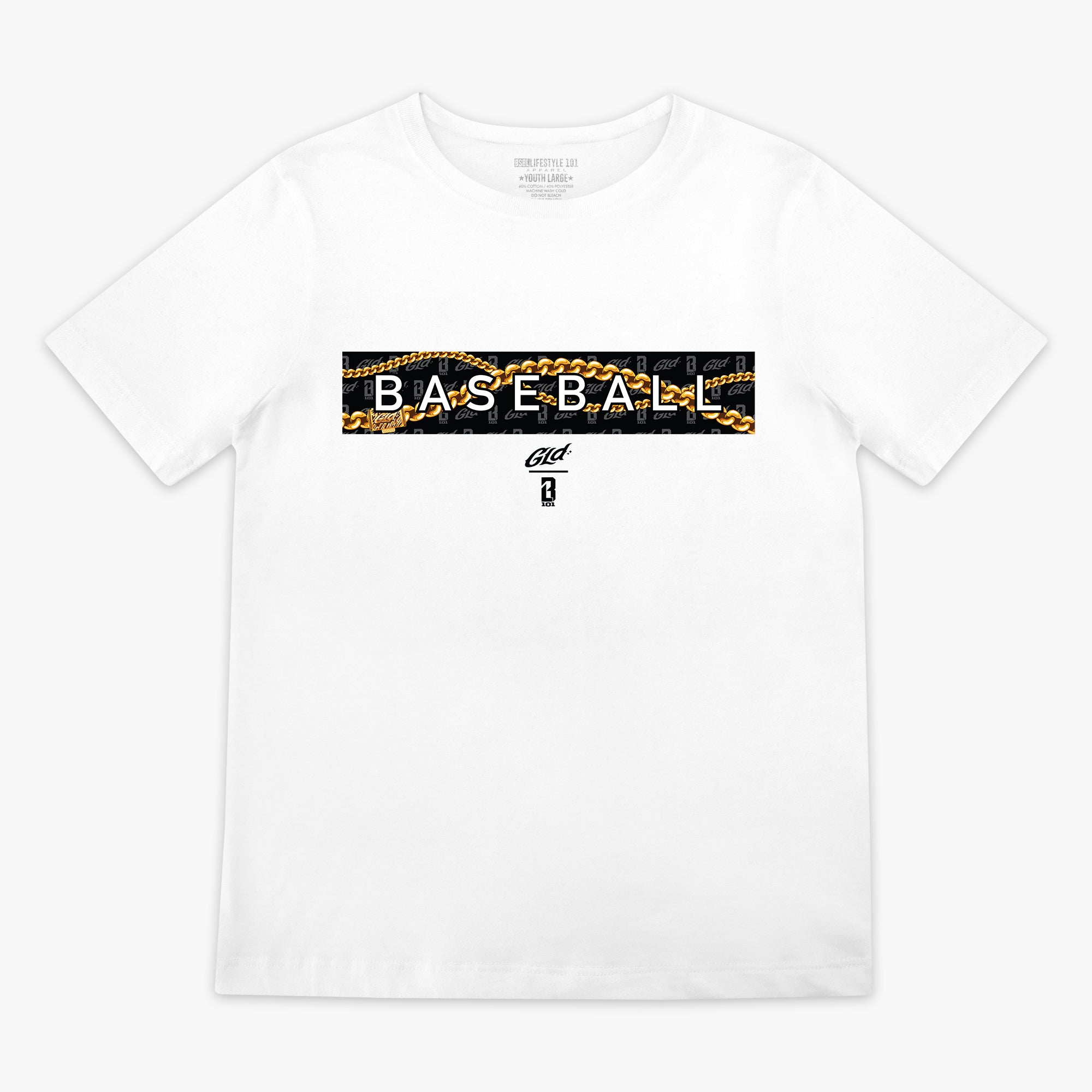 White GLD X Radar youth graphic tee — front view