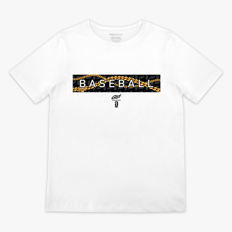 White GLD X Radar youth graphic tee — front view