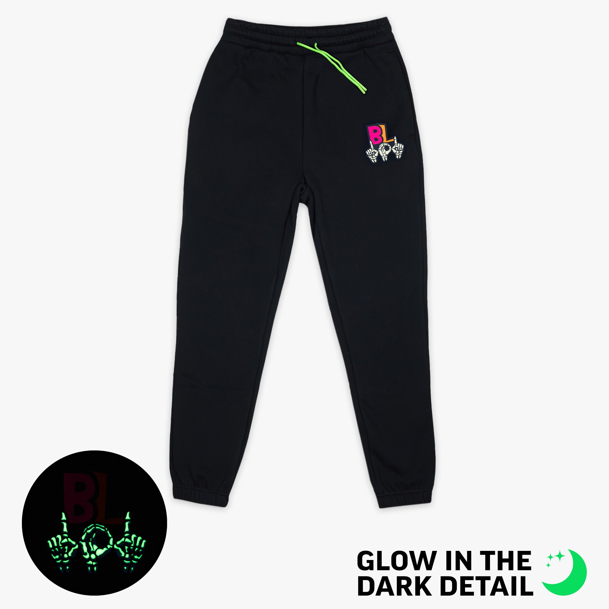 Black joggers with glow-in-the-dark "101 Skeleton" detail