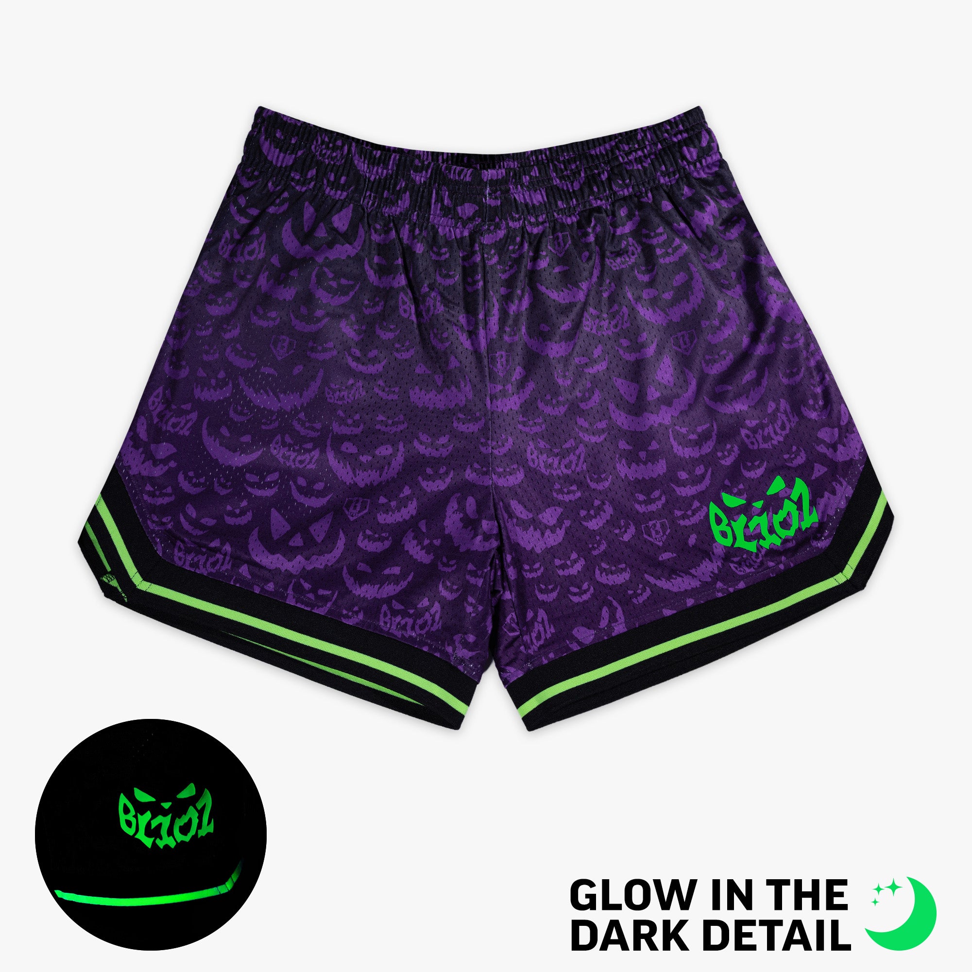 Purple youth shorts with glow-in-the-dark "Jack O' Lantern Team" detail