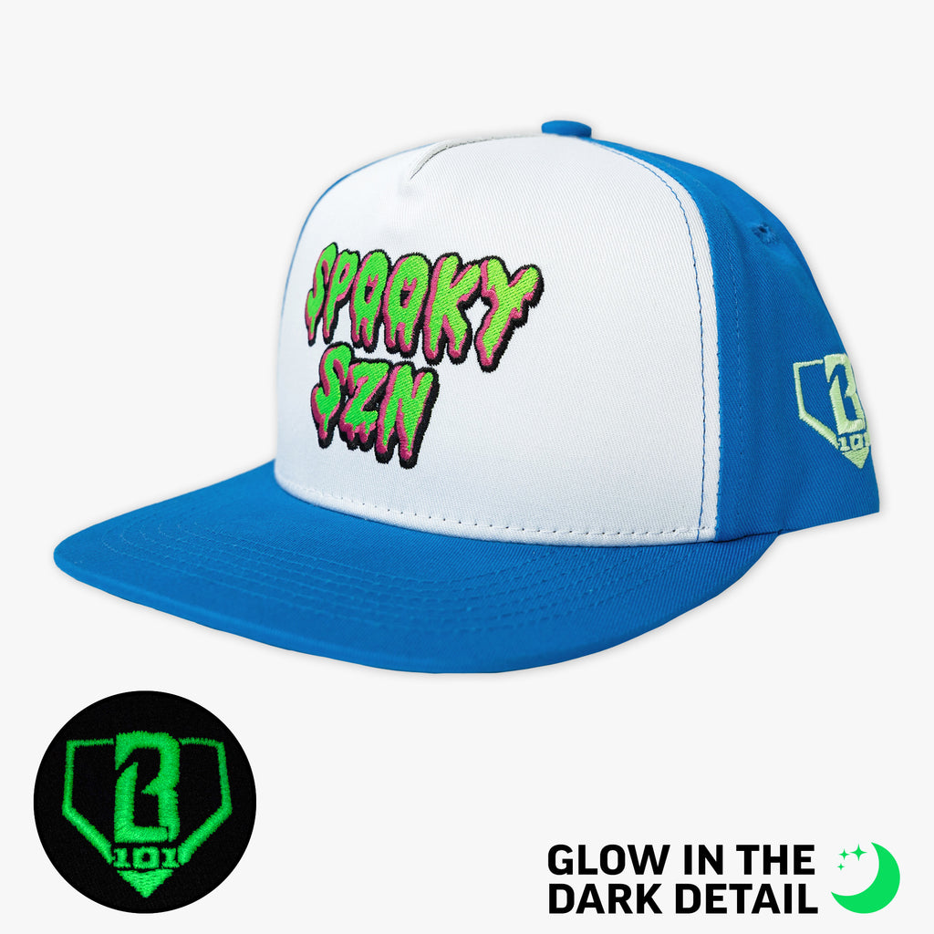 Blue hat with glow-in-the-dark "Spooky SZN Drip" detail