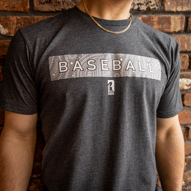 Youth baseball tee, gray paisley pattern
