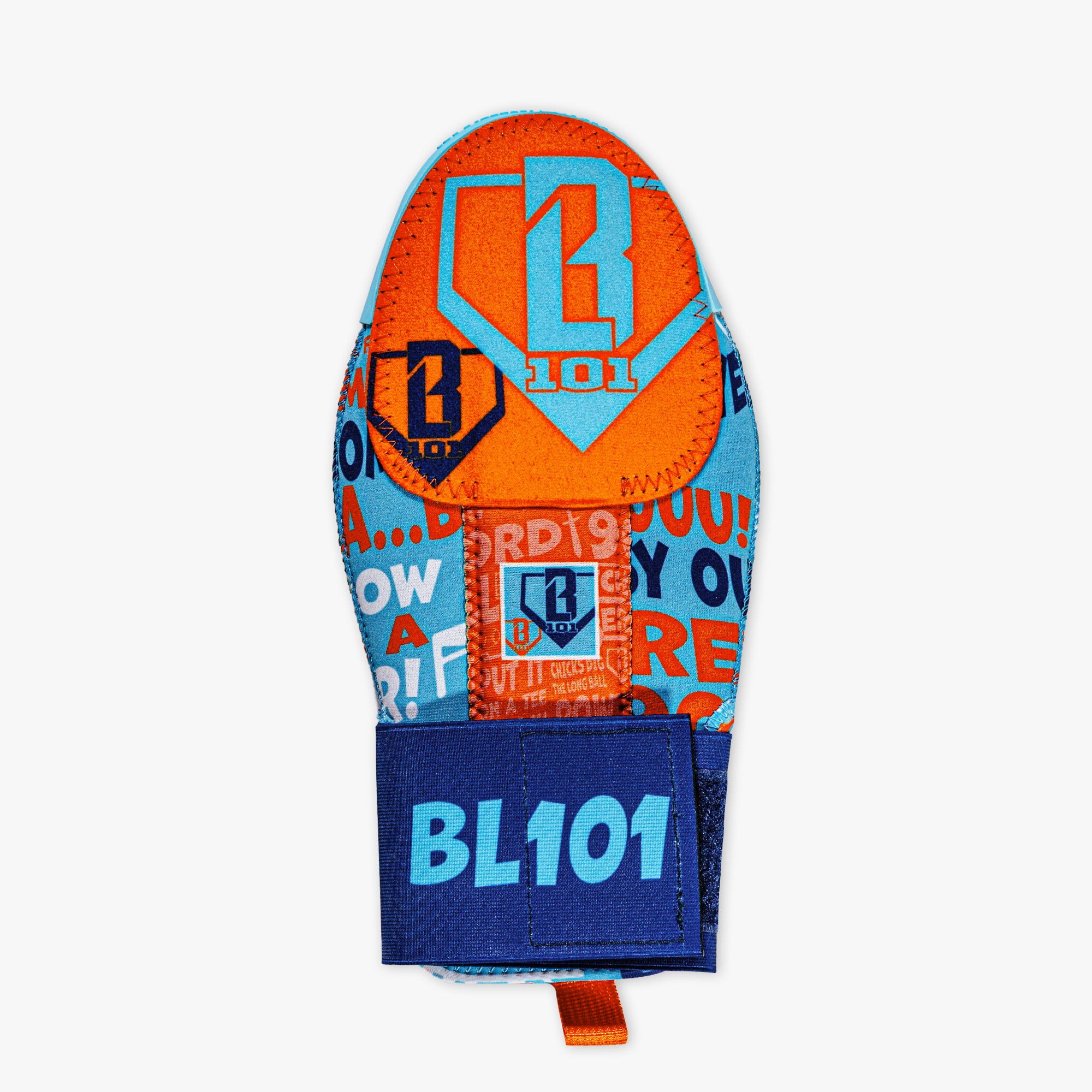 Adult model wearing mitt with "Trash Talk Sliding Mitt" design