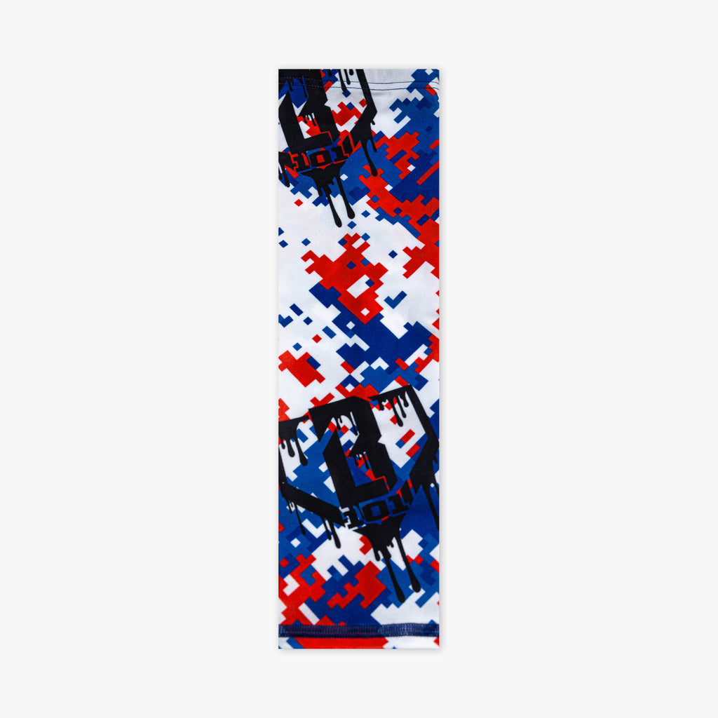 Red white and blue digital camo arm sleeve laid flat showing front with drip-style BL101 logo graphic on white background