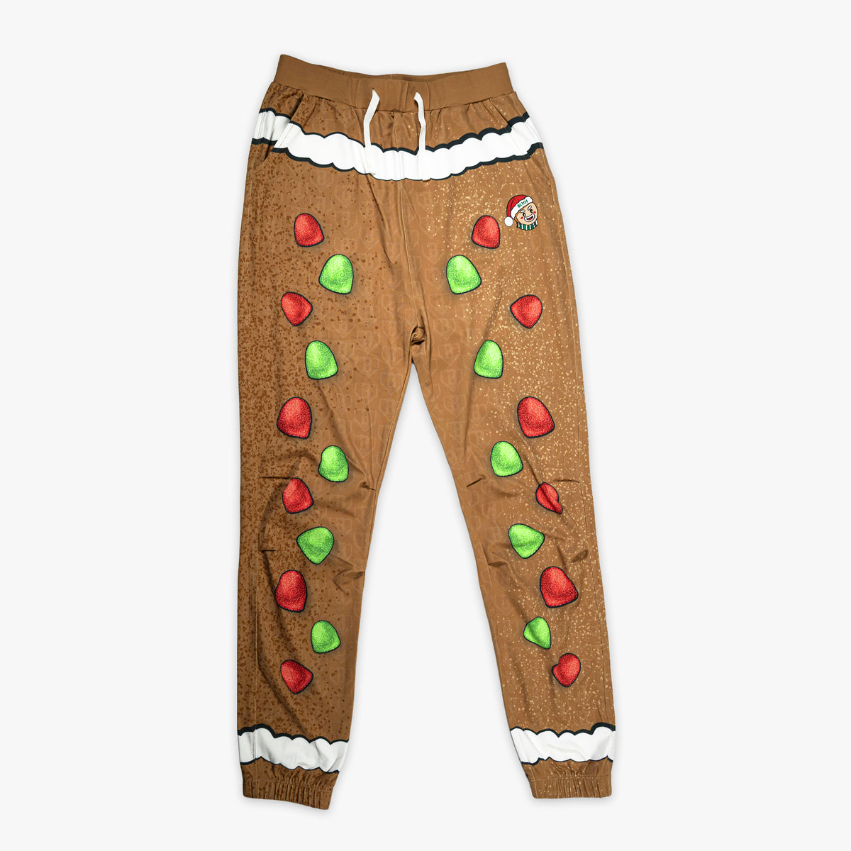 Brown youth pajama pants with "Gingerbread Rookie" design — front view