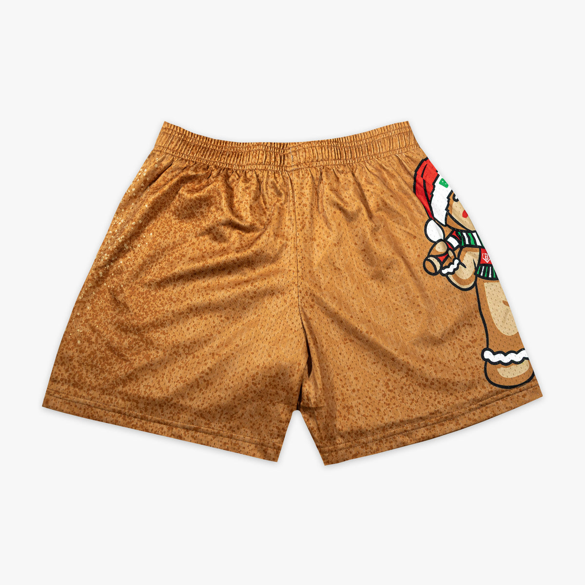 Brown youth shorts with "Gingerbread Rookie" design - back view