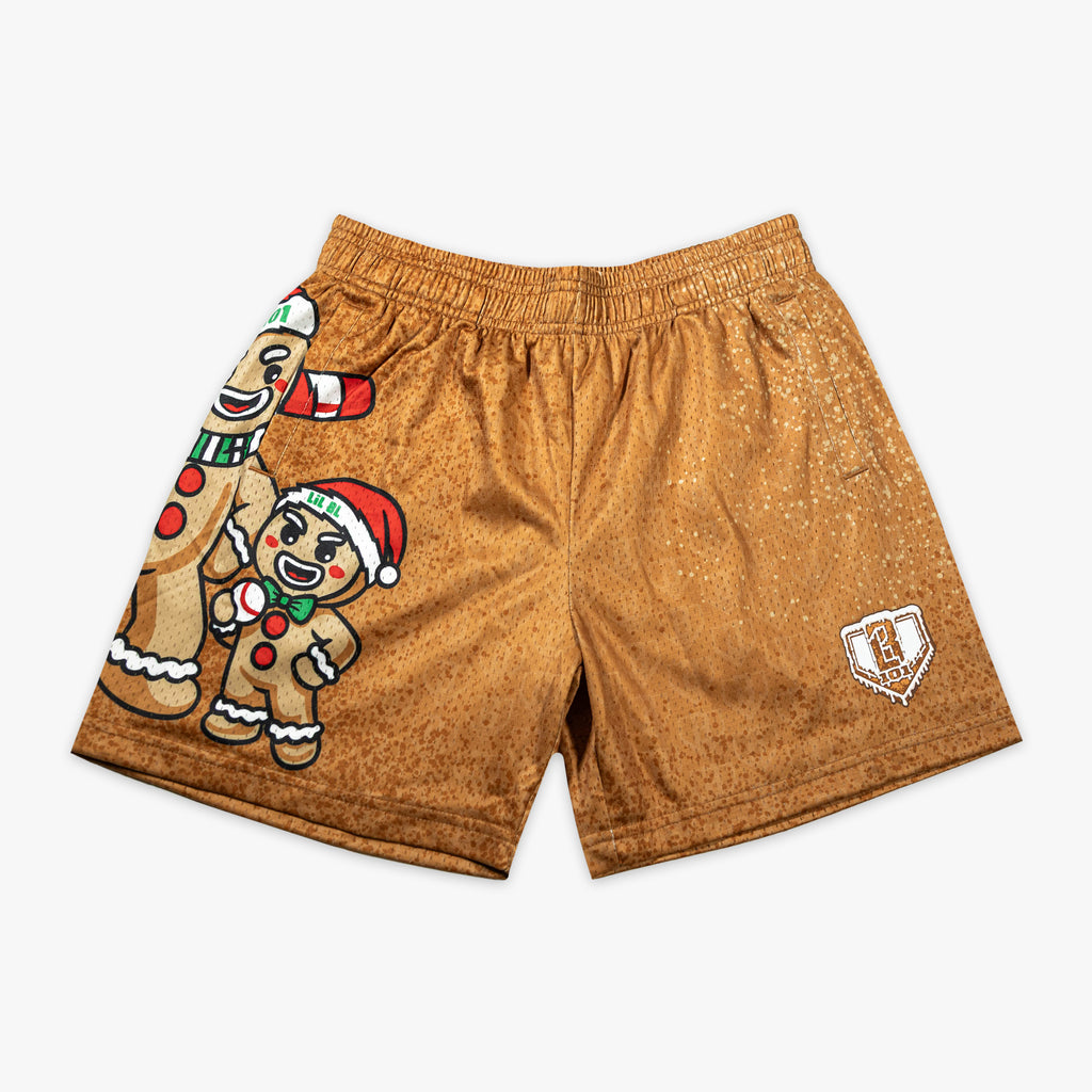 Brown shorts with "Gingerbread Rookie" design - front view