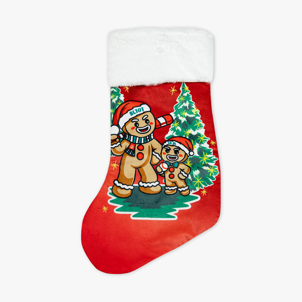 Brown stocking with "Gingerbread Rookie Stocking" design