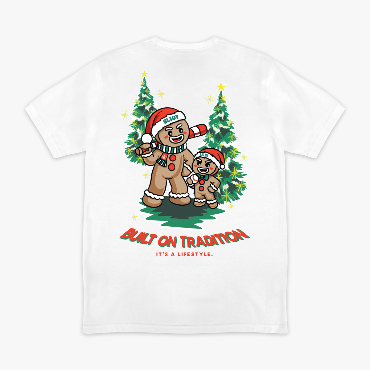 White graphic tee with "Gingerbread Rookie" design - back view