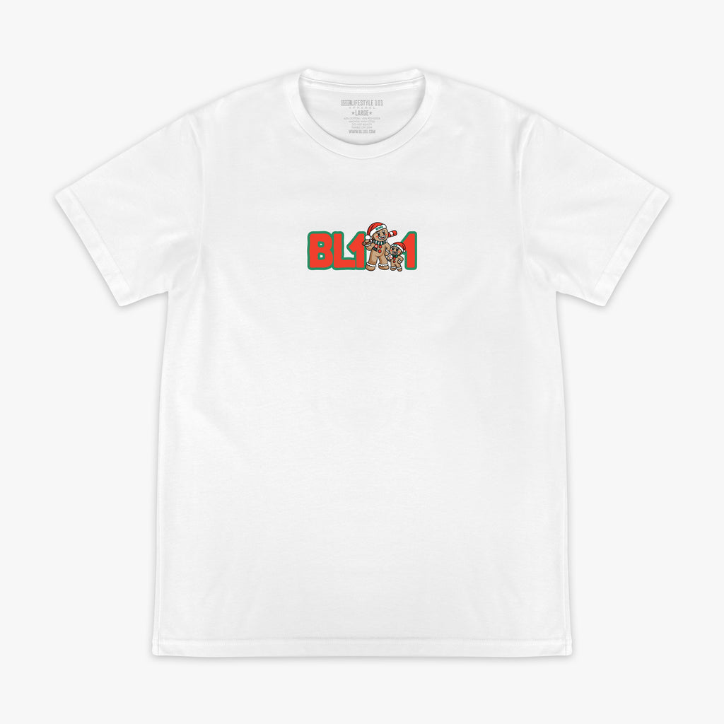 White graphic tee with "Gingerbread Rookie" design - front view