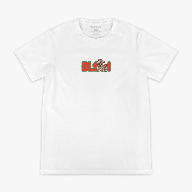 White graphic tee with "Gingerbread Rookie" design - front view