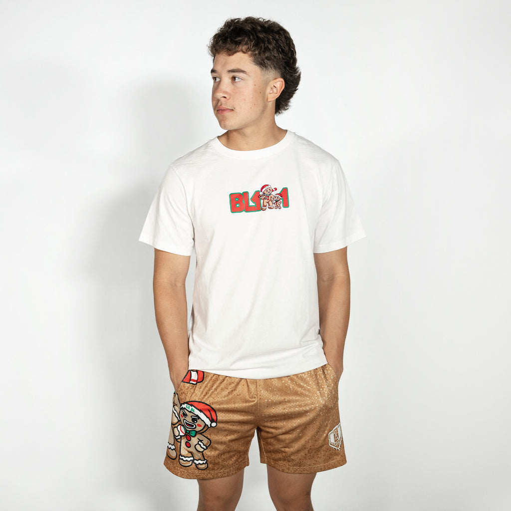Adult model wearing white graphic tee with "Gingerbread Rookie" design