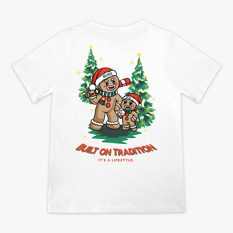 White youth graphic tee with "Gingerbread Rookie" design - back view