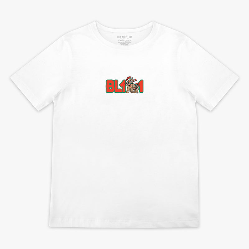 White youth graphic tee with "Gingerbread Rookie" design - front view