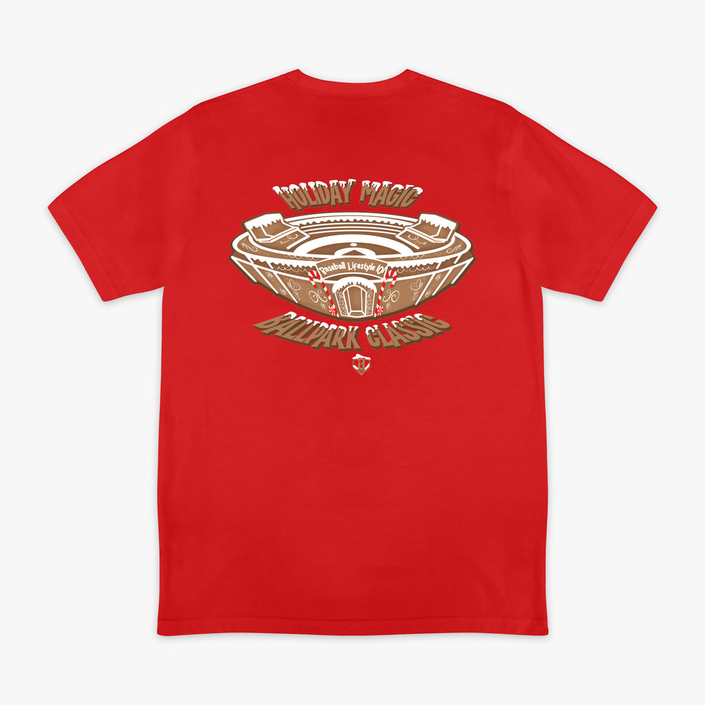 Red graphic tee with "Gingerbread Stadium" design - back view