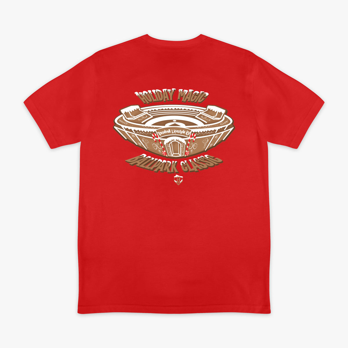Red graphic tee with "Gingerbread Stadium" design - back view