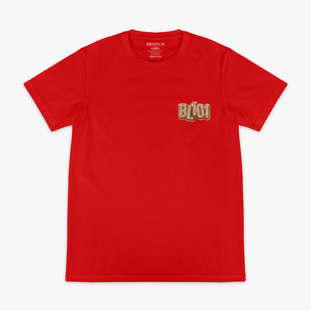 Red graphic tee with "Gingerbread Stadium" design - front view