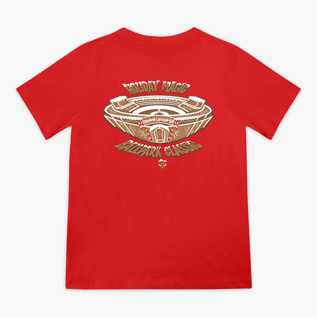 Red youth graphic tee with "Gingerbread Stadium" design - back view