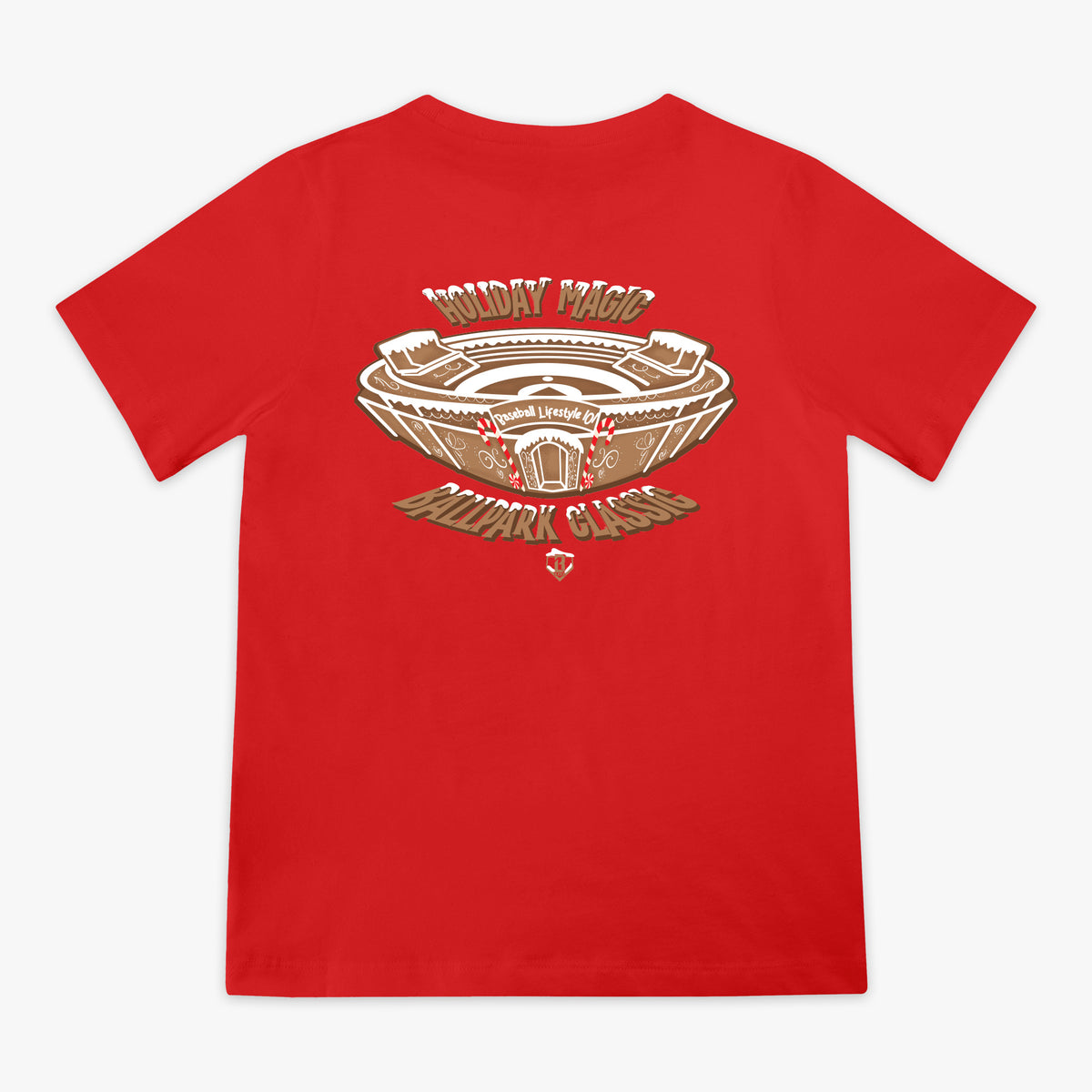 Red youth graphic tee with "Gingerbread Stadium" design - back view