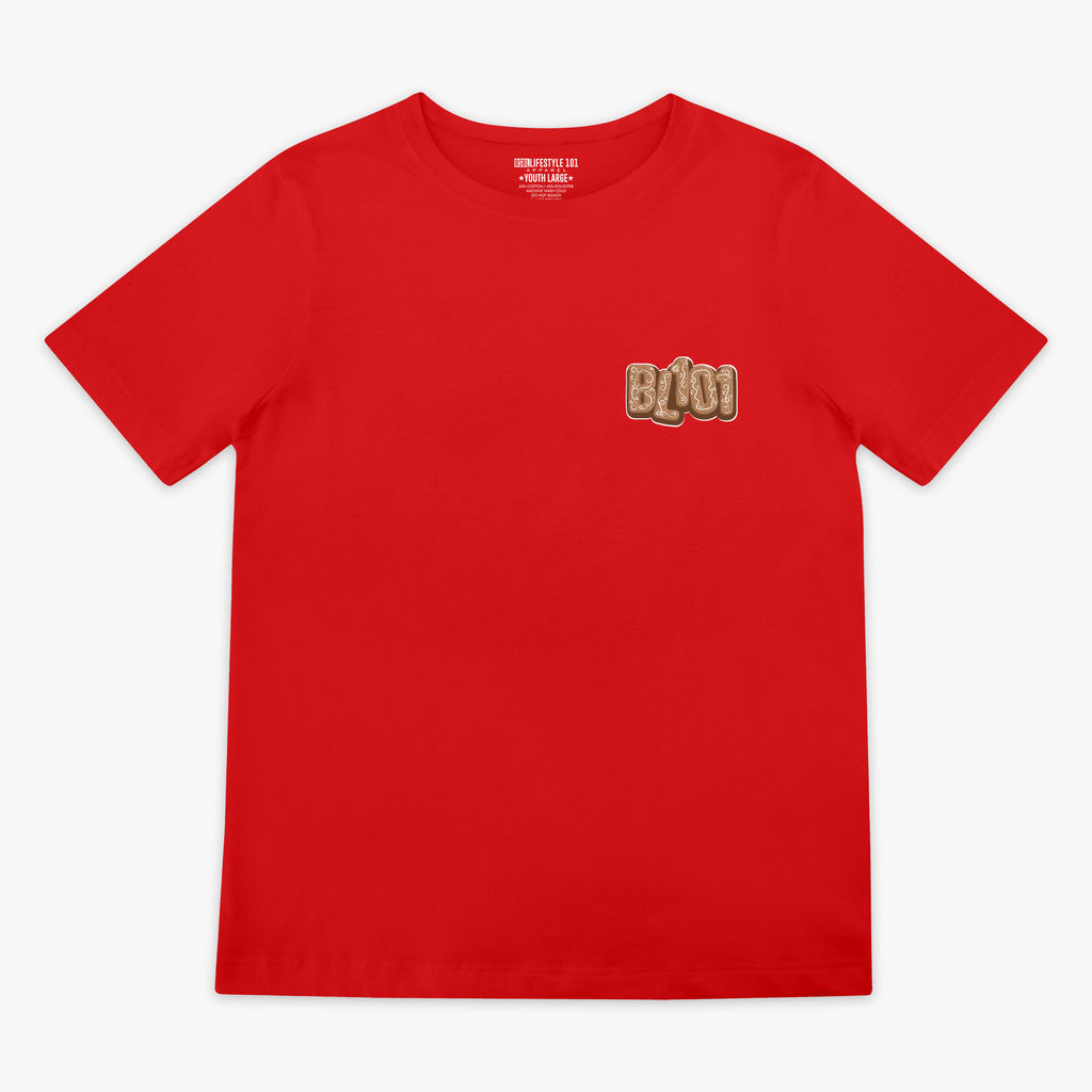 Red youth graphic tee with "Gingerbread Stadium" design - front view