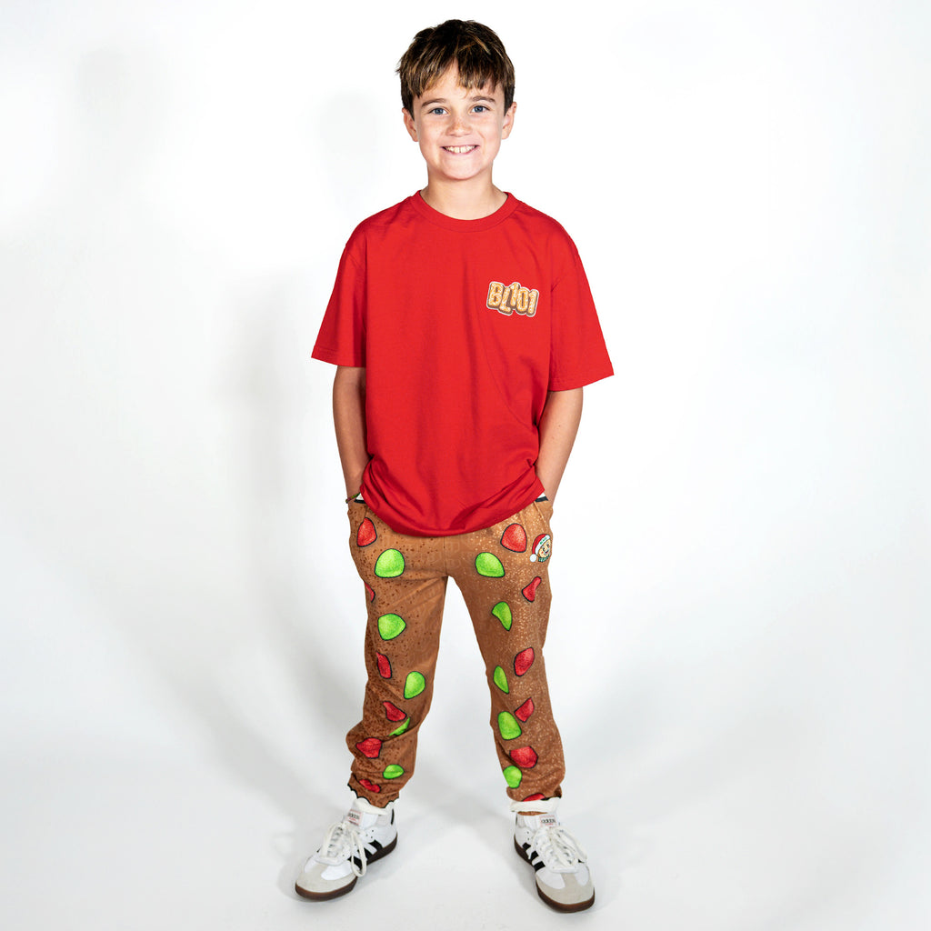 Youth model wearing red youth graphic tee with "Gingerbread Stadium" design