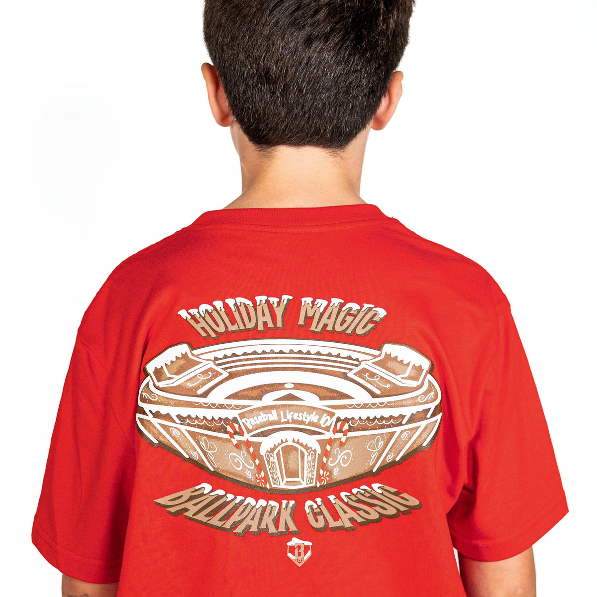 Youth model wearing red youth graphic tee with "Gingerbread Stadium" design