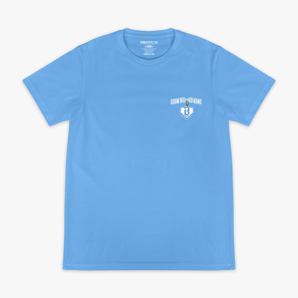 Blue graphic tee with "Glow Big" design - front view