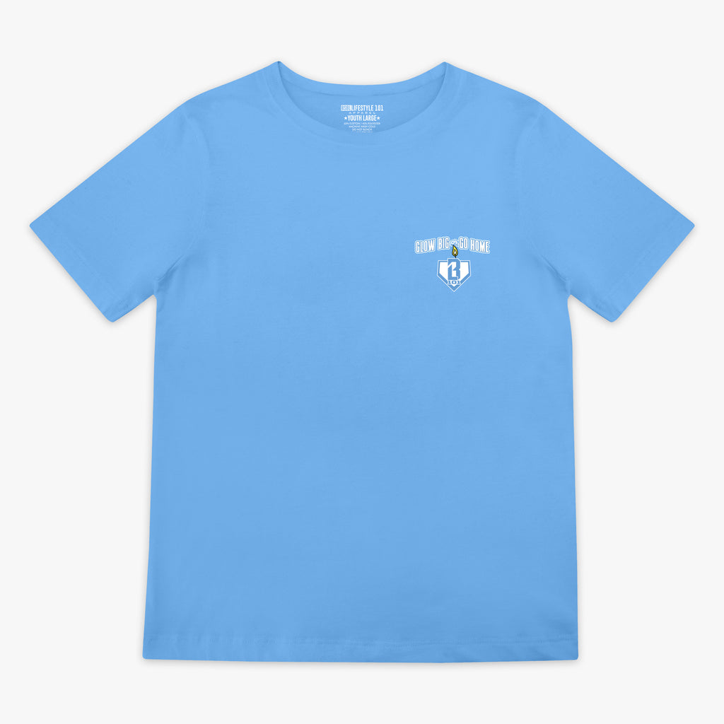 Blue youth graphic tee with "Glow Big" design - front view