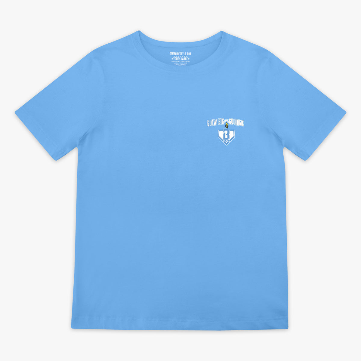 Blue youth graphic tee with "Glow Big" design - front view