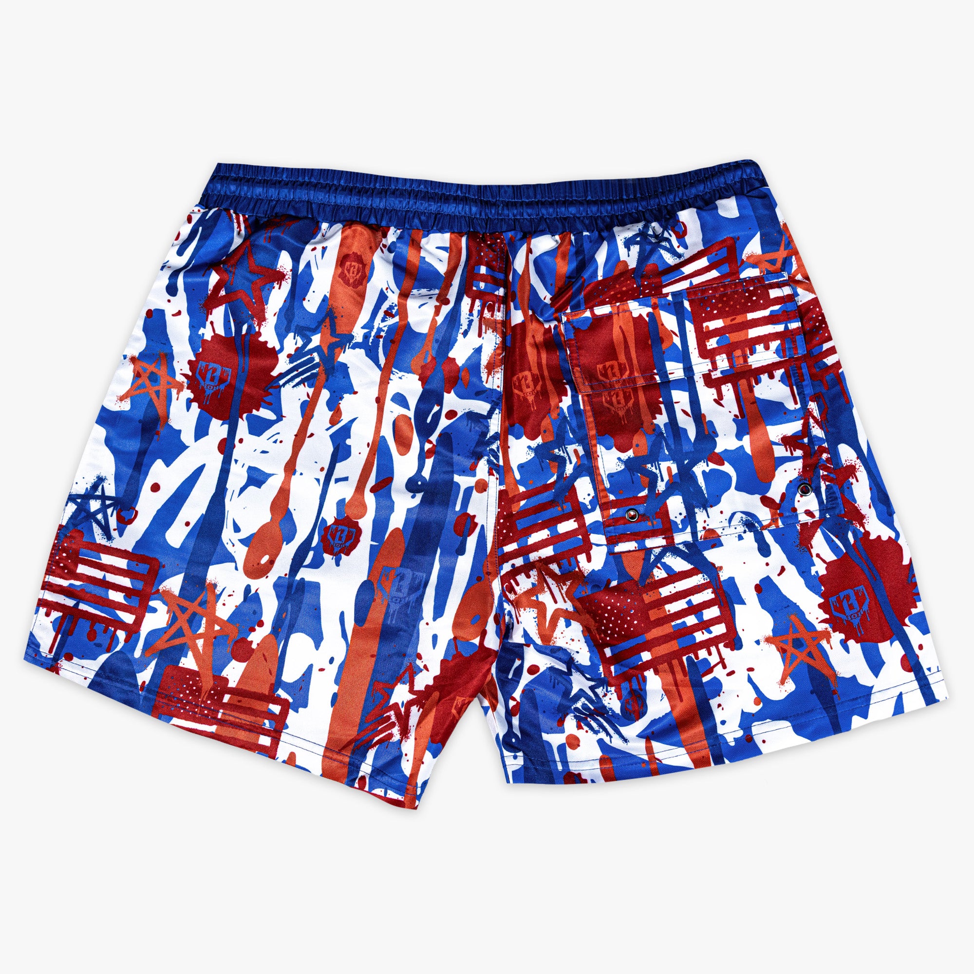 BL101 red, white, and blue graffiti-print swim shorts on a white background