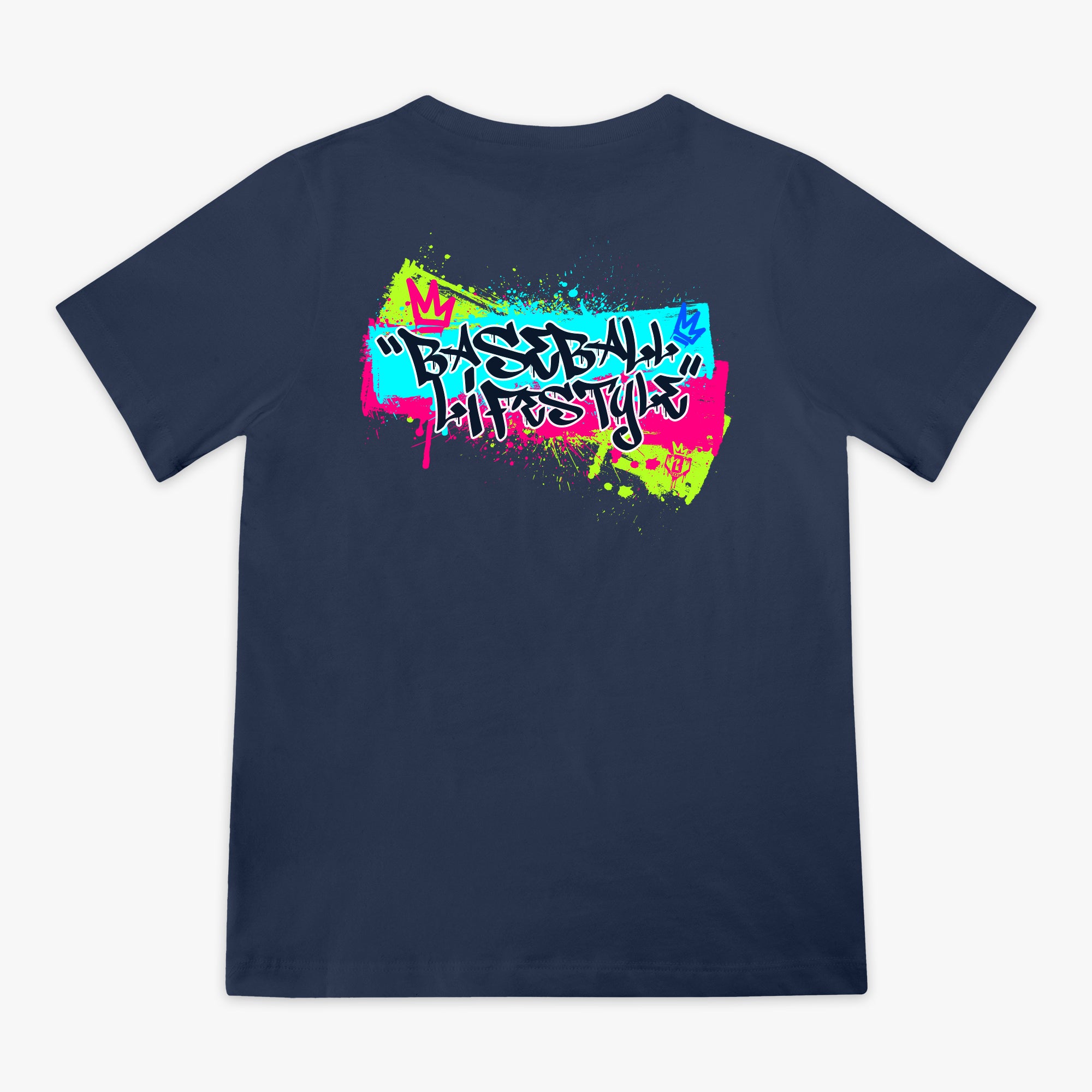 Navy Graffiti Crown youth graphic tee — back view