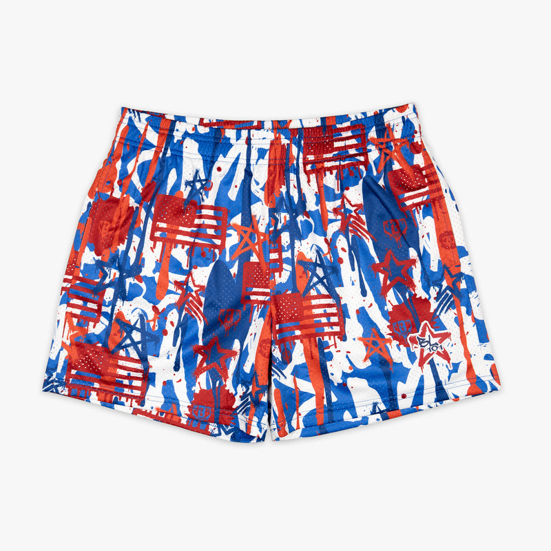 Youth model wearing graffiti Stars USA youth shorts