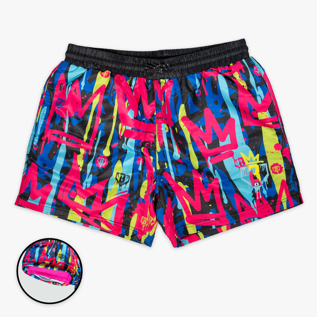Colorful shorts with a graphic design on a white background