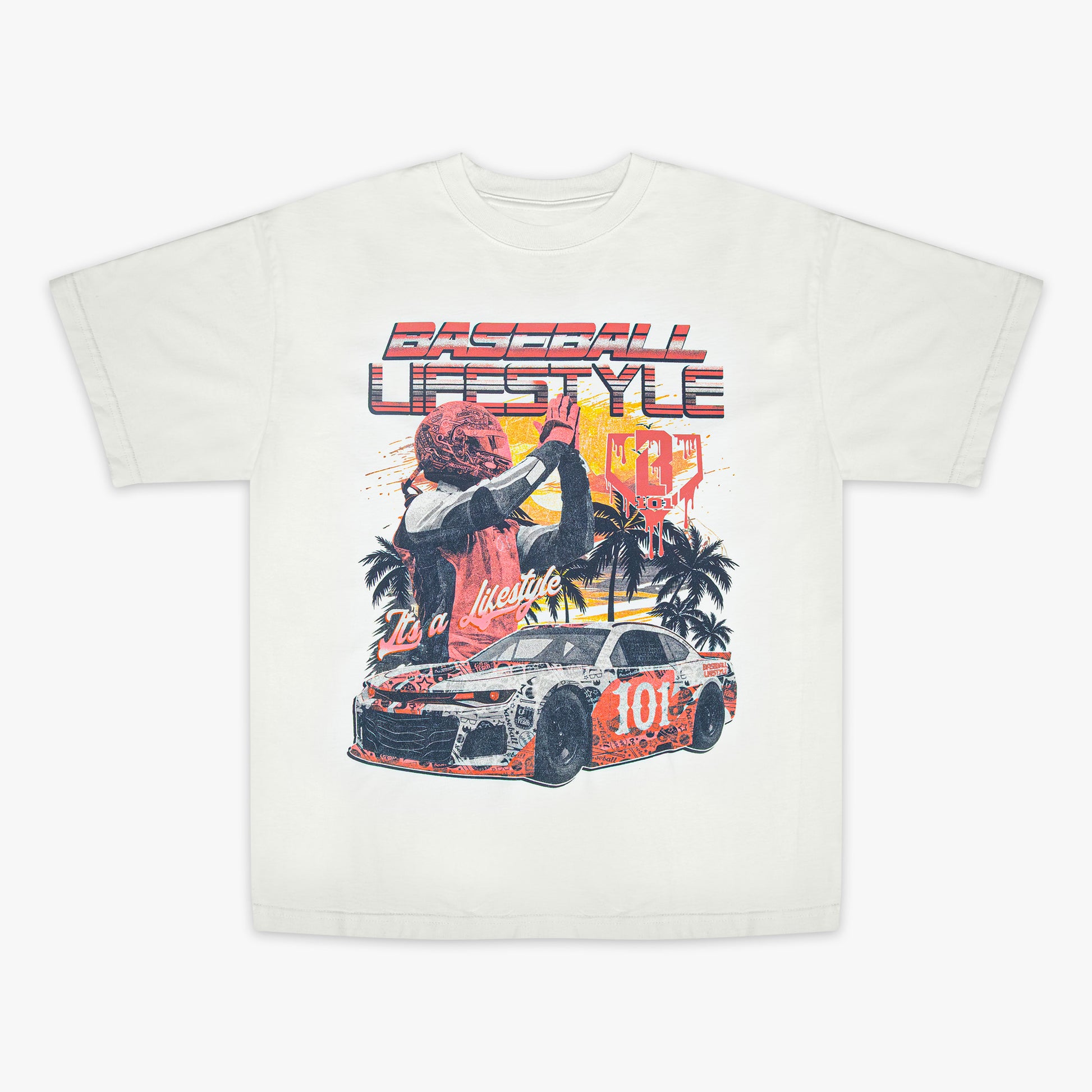 White t-shirt with a graphic design of a car, palm trees, and text on a white background
