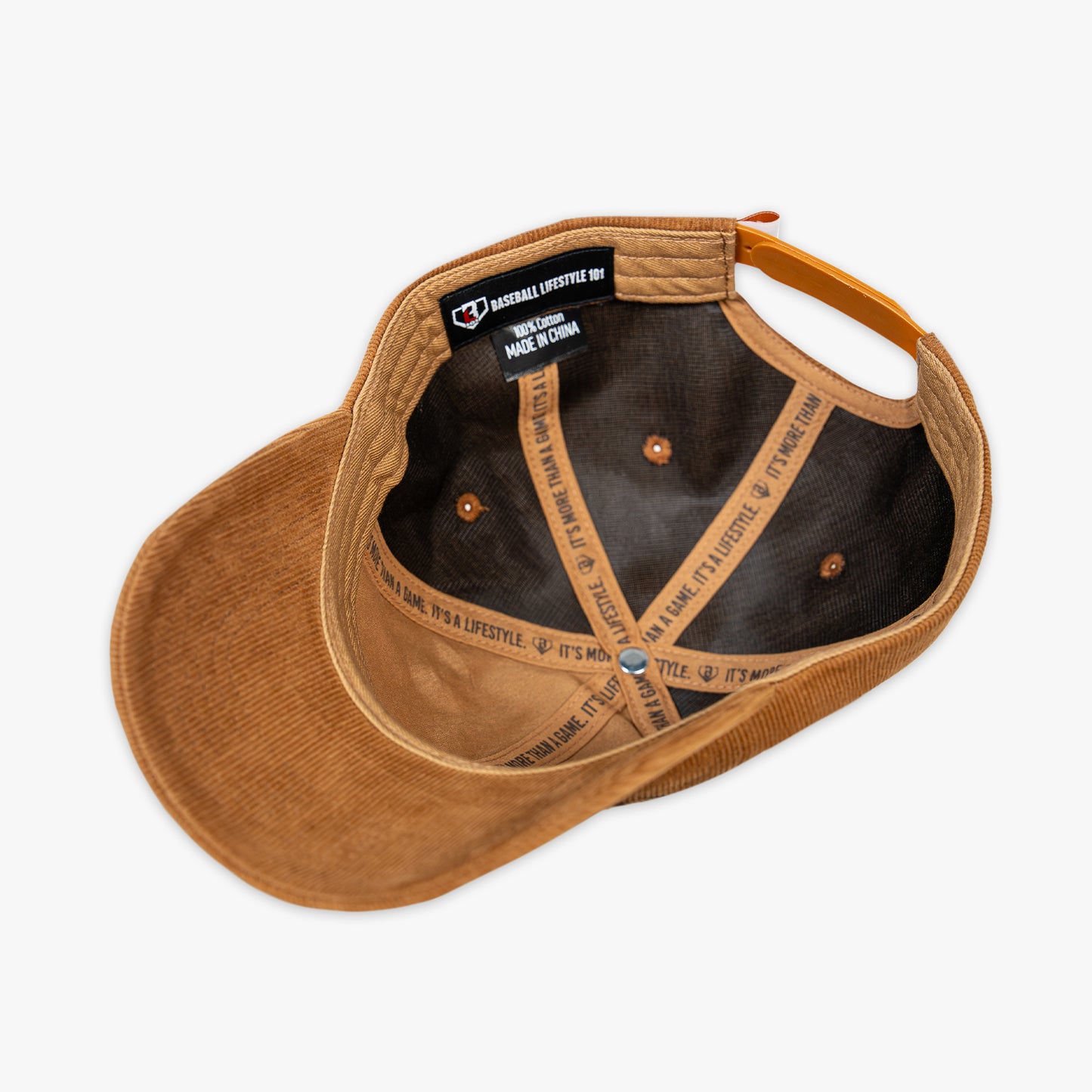 Brown baseball cap with Baseball Lifestyle tag on inside