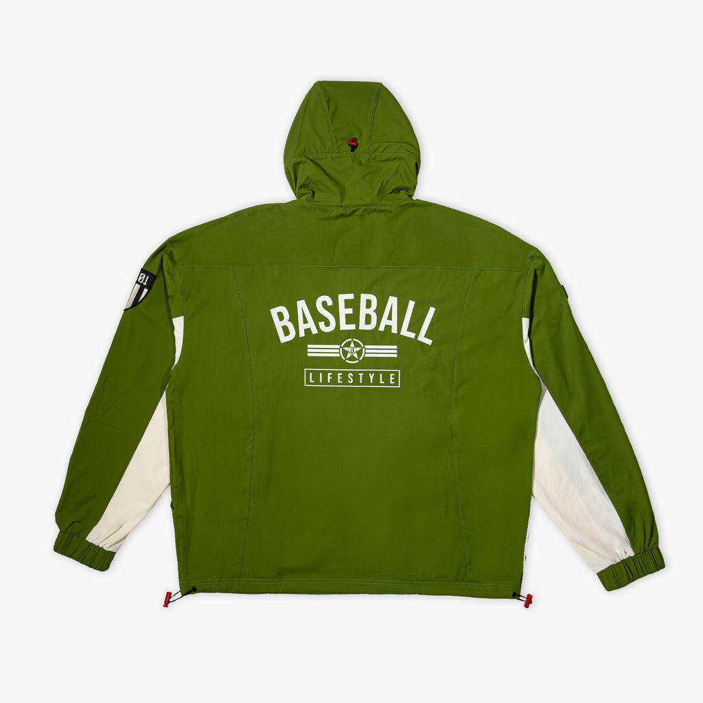 Olive green and cream half-zip Windbreaker Hoodie with adjustable hood and side drawstrings, BL101 armor logo on arm sleeve, and white Baseball Lifestyle logo on back