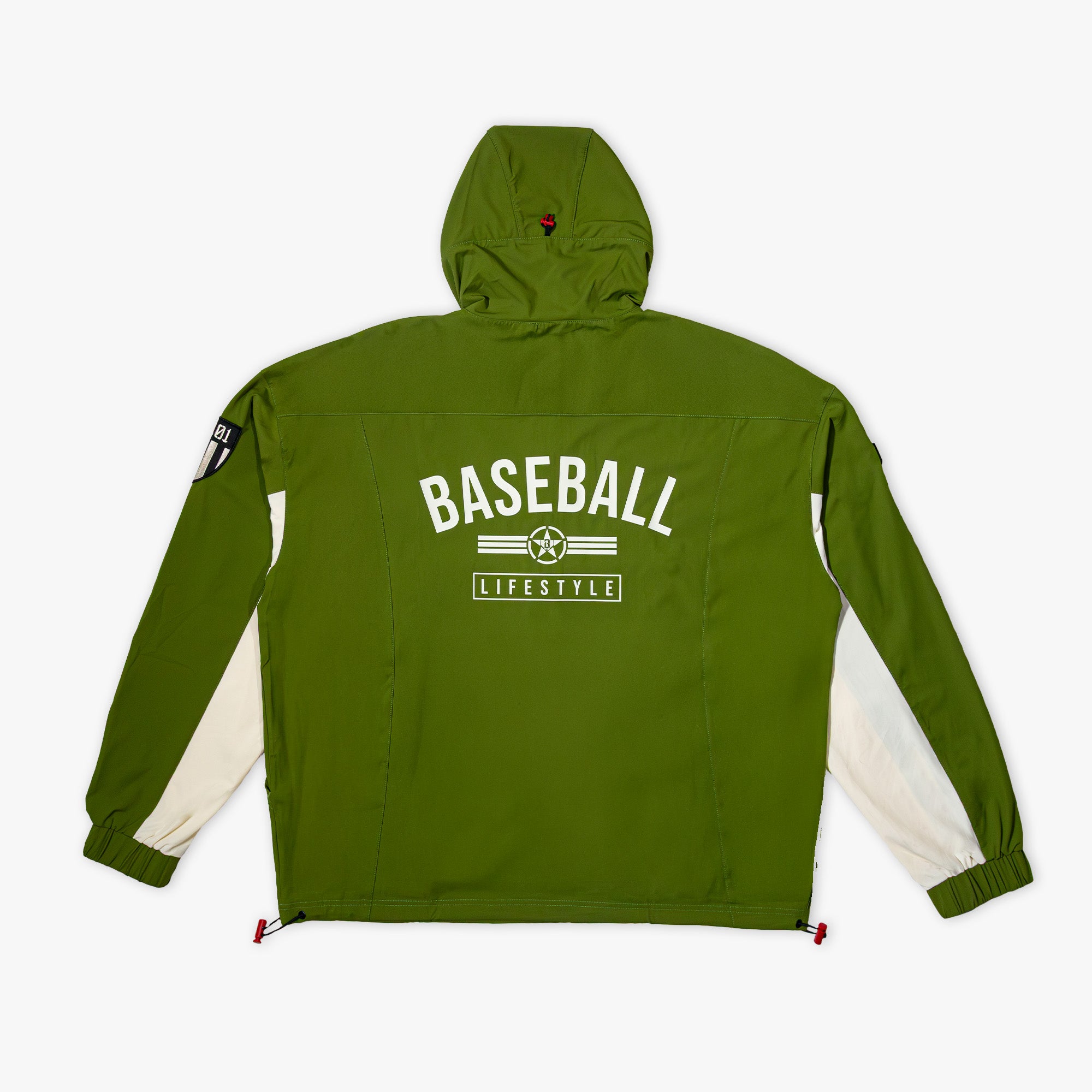 Olive green and cream half-zip Windbreaker Hoodie with adjustable hood and side drawstrings, BL101 armor logo on arm sleeve, and white Baseball Lifestyle logo on back