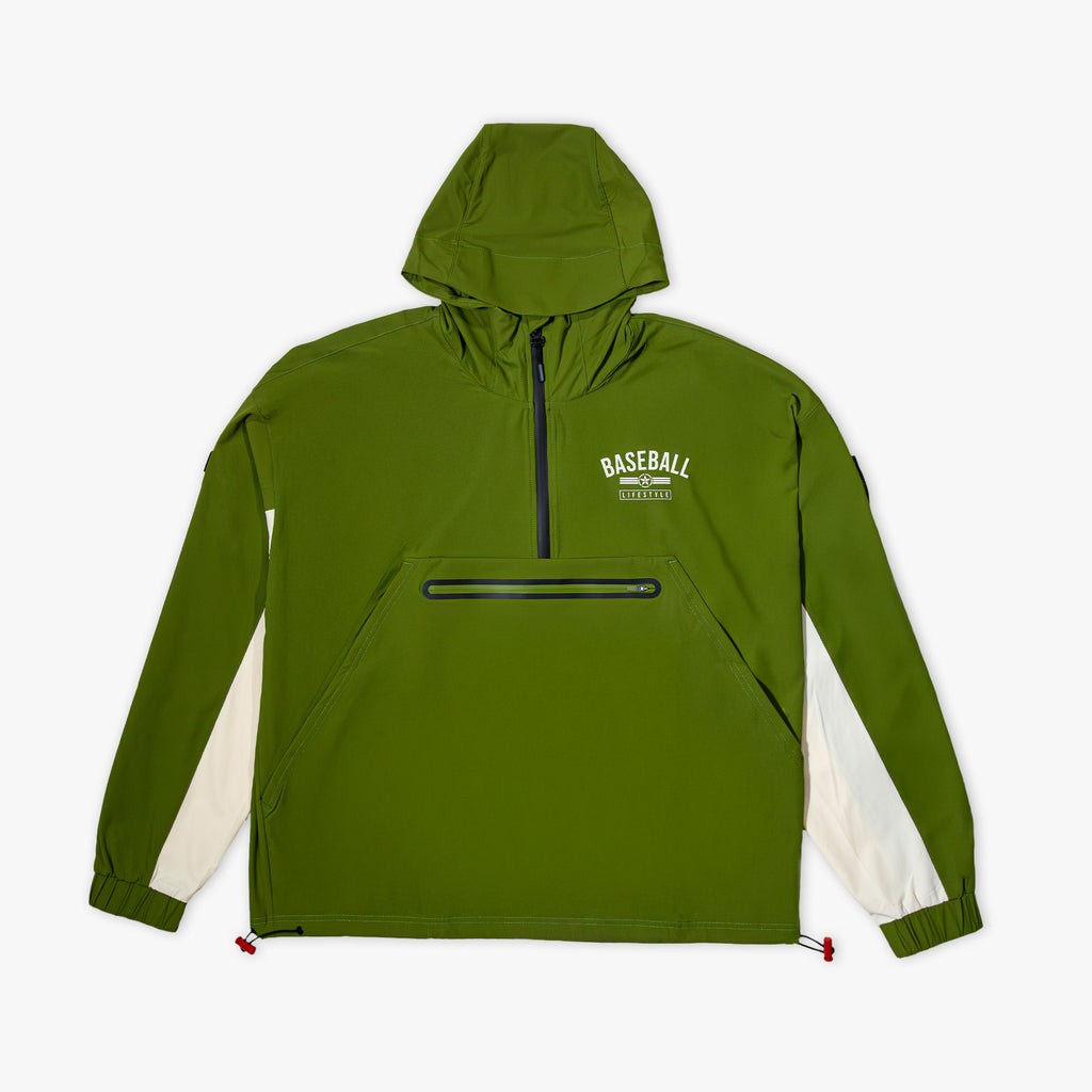 Olive green and cream half-zip Windbreaker Hoodie with adjustable side drawstrings, front zip pocket and white Baseball Lifestyle logo on front