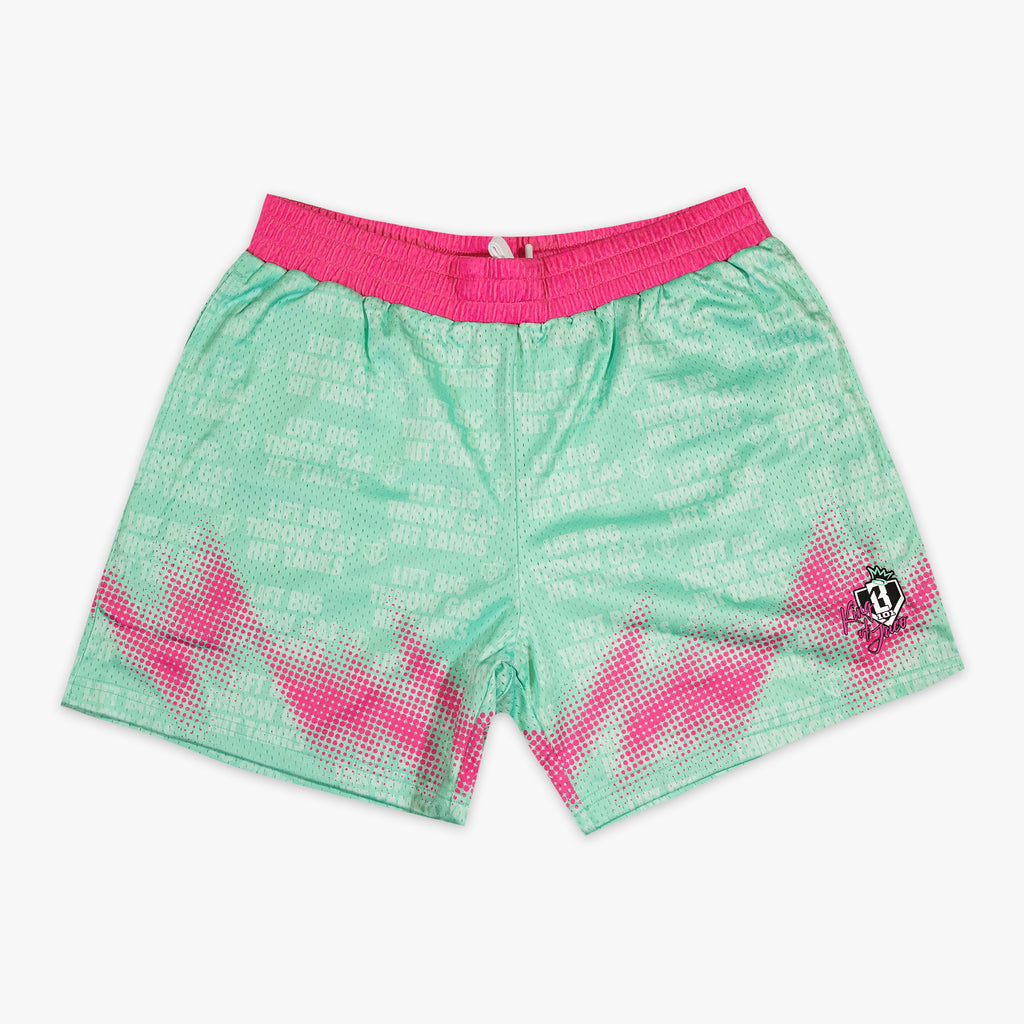Teal youth shorts with "Hit Tanks" design — front view