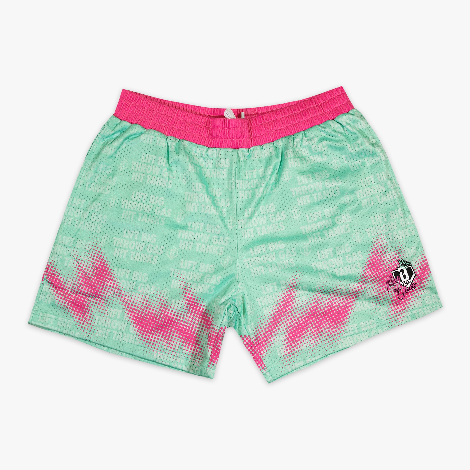 Teal youth shorts with "Hit Tanks" design — front view