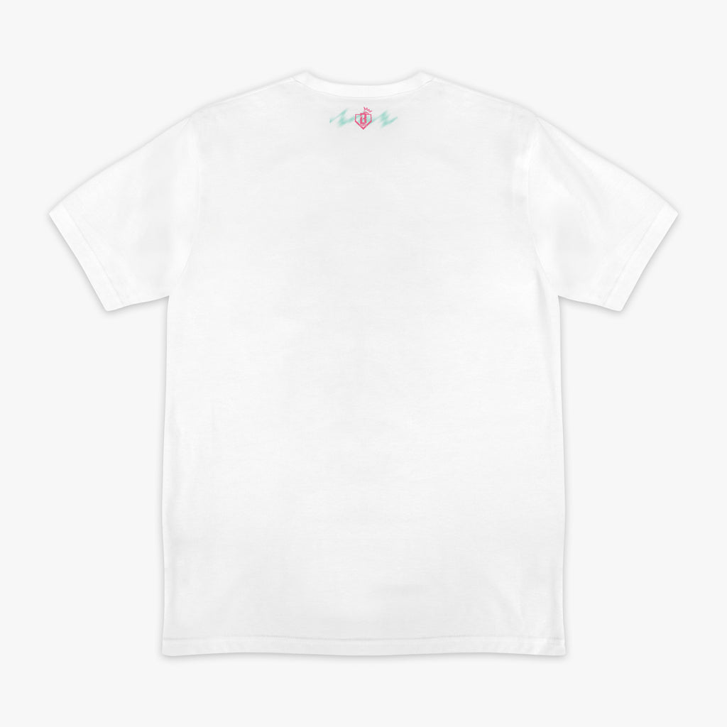 White graphic tee with "Hit Tanks" design — back view