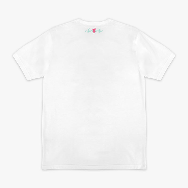 White graphic tee with "Hit Tanks" design — back view