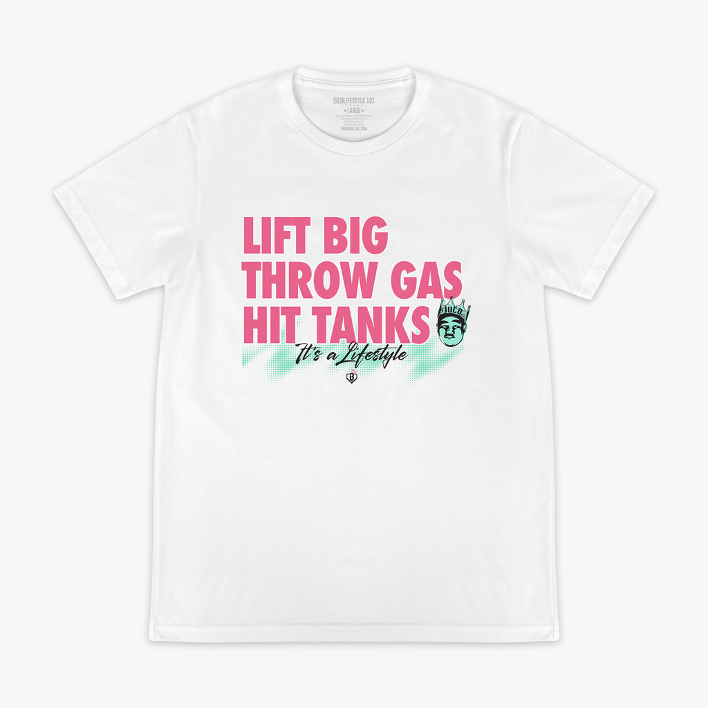 White graphic tee with "Hit Tanks" design — front view