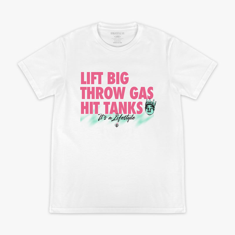 White graphic tee with "Hit Tanks" design — front view