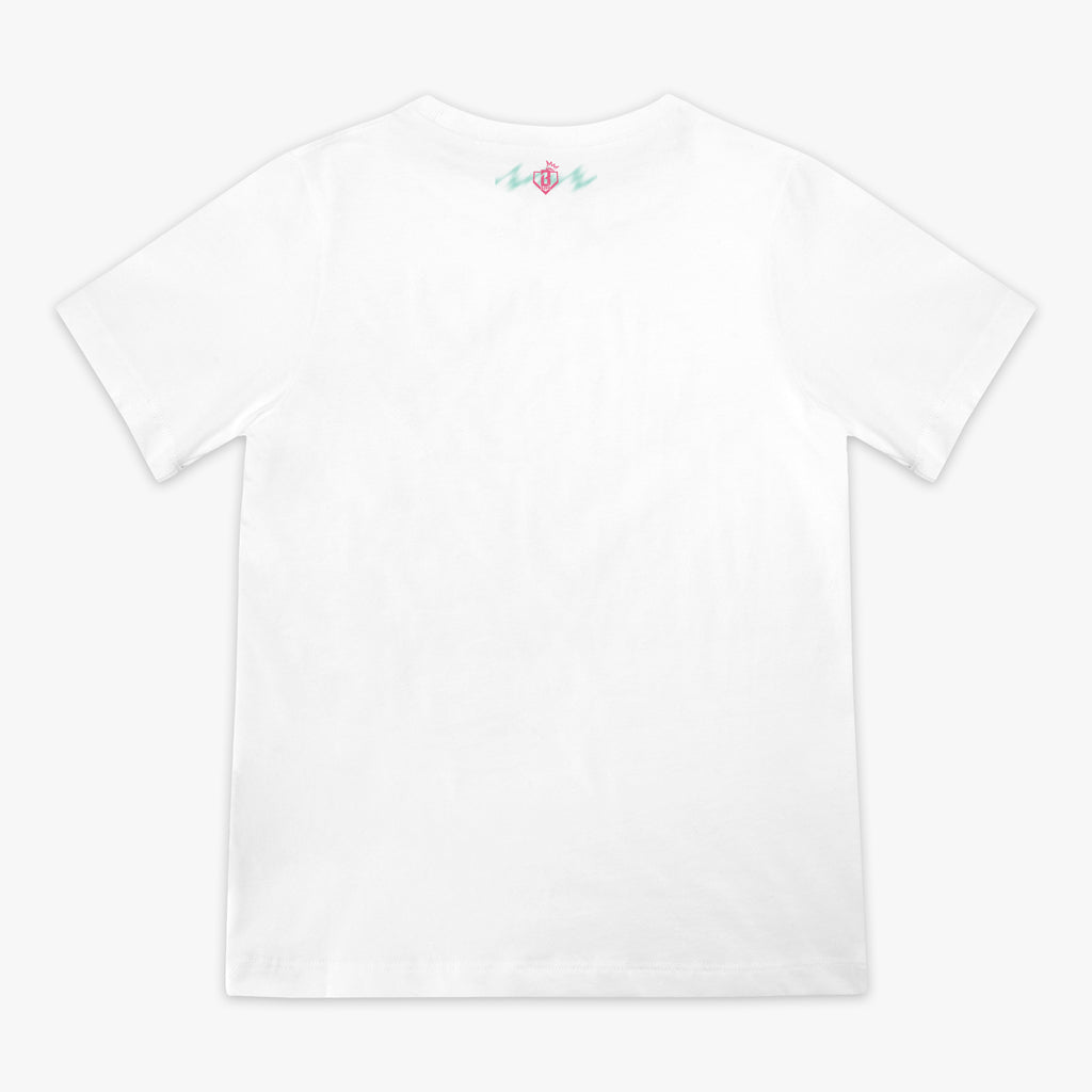 White youth graphic tee with "Hit Tanks" design — back view