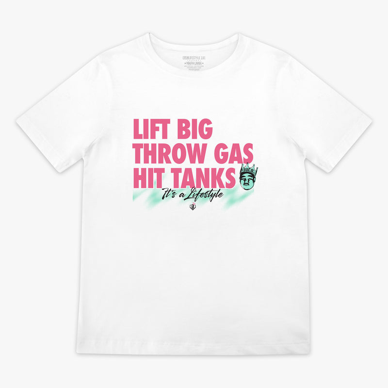 White youth graphic tee with "Hit Tanks" design — front view